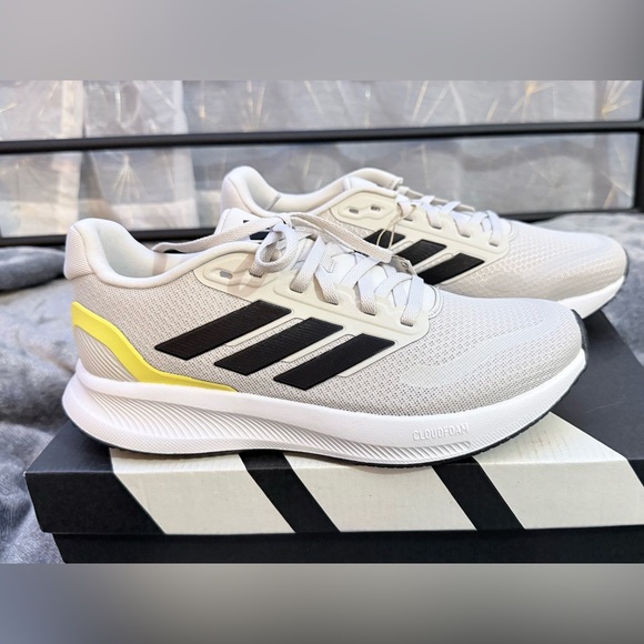 adidas Shoes - adidas White Sneakers with Black Stripes and Yellow Accent